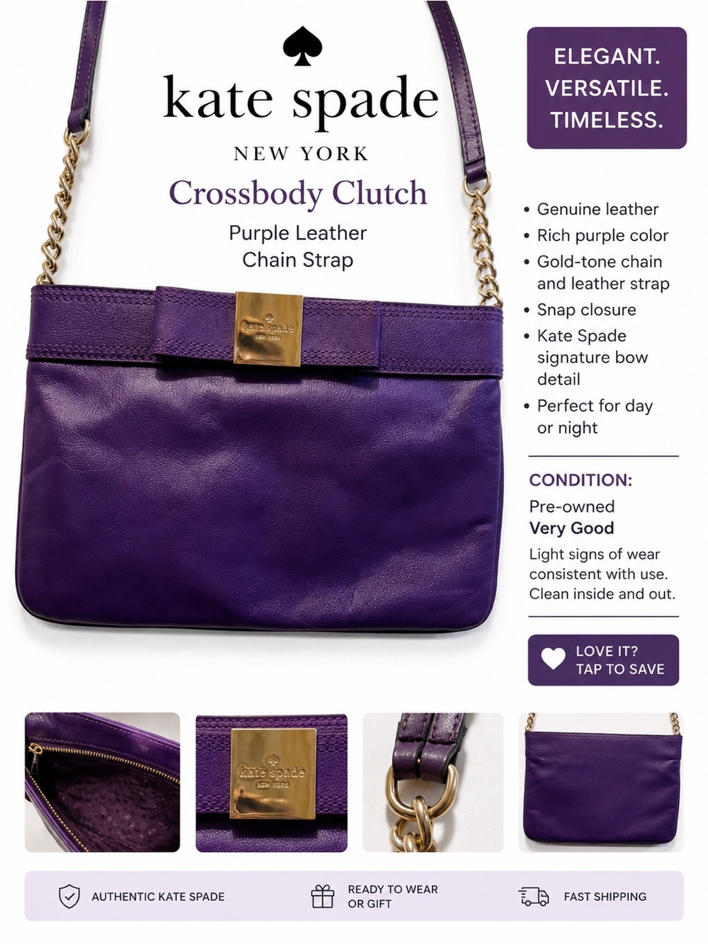 kate spade Purple Leather Crossbody Clutch with Gold Chain